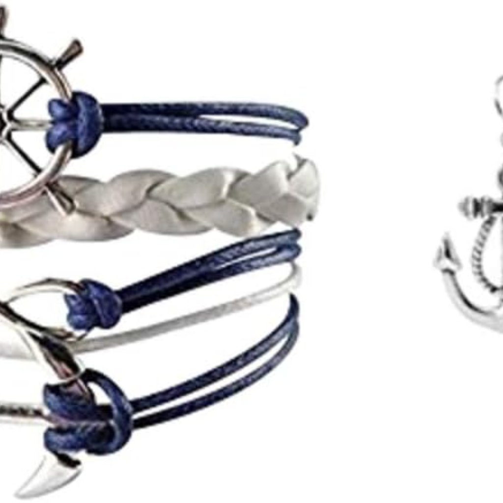 Nautical Anchor Charm Earrings & Bracelet For Women, Navy & White Anchor Braided